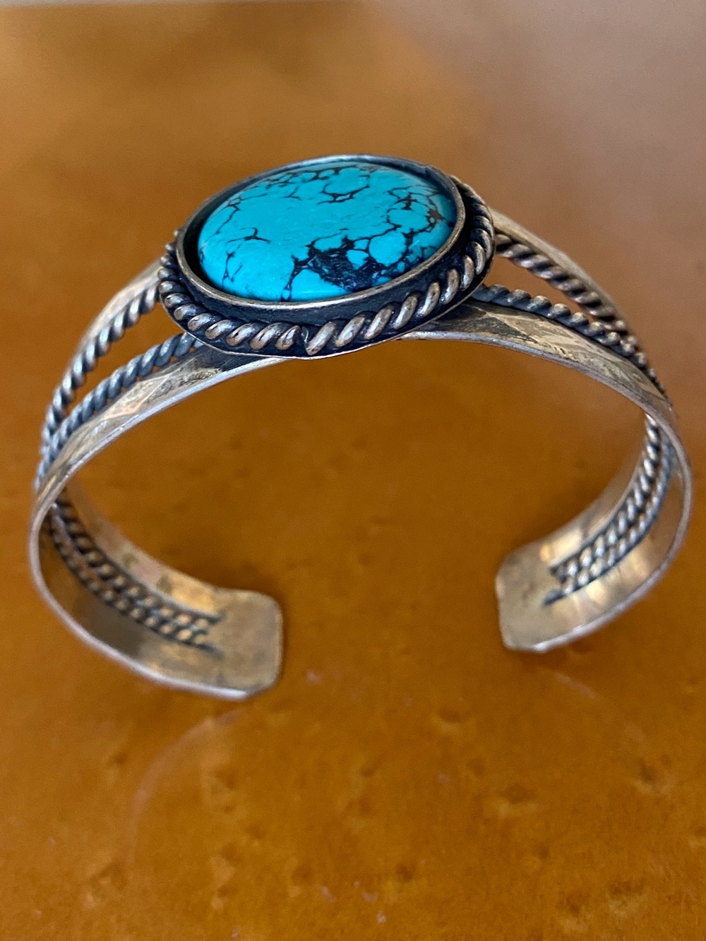 Handcrafted Silver Cuff Bracelet with Turquoise Stone 32 Grams